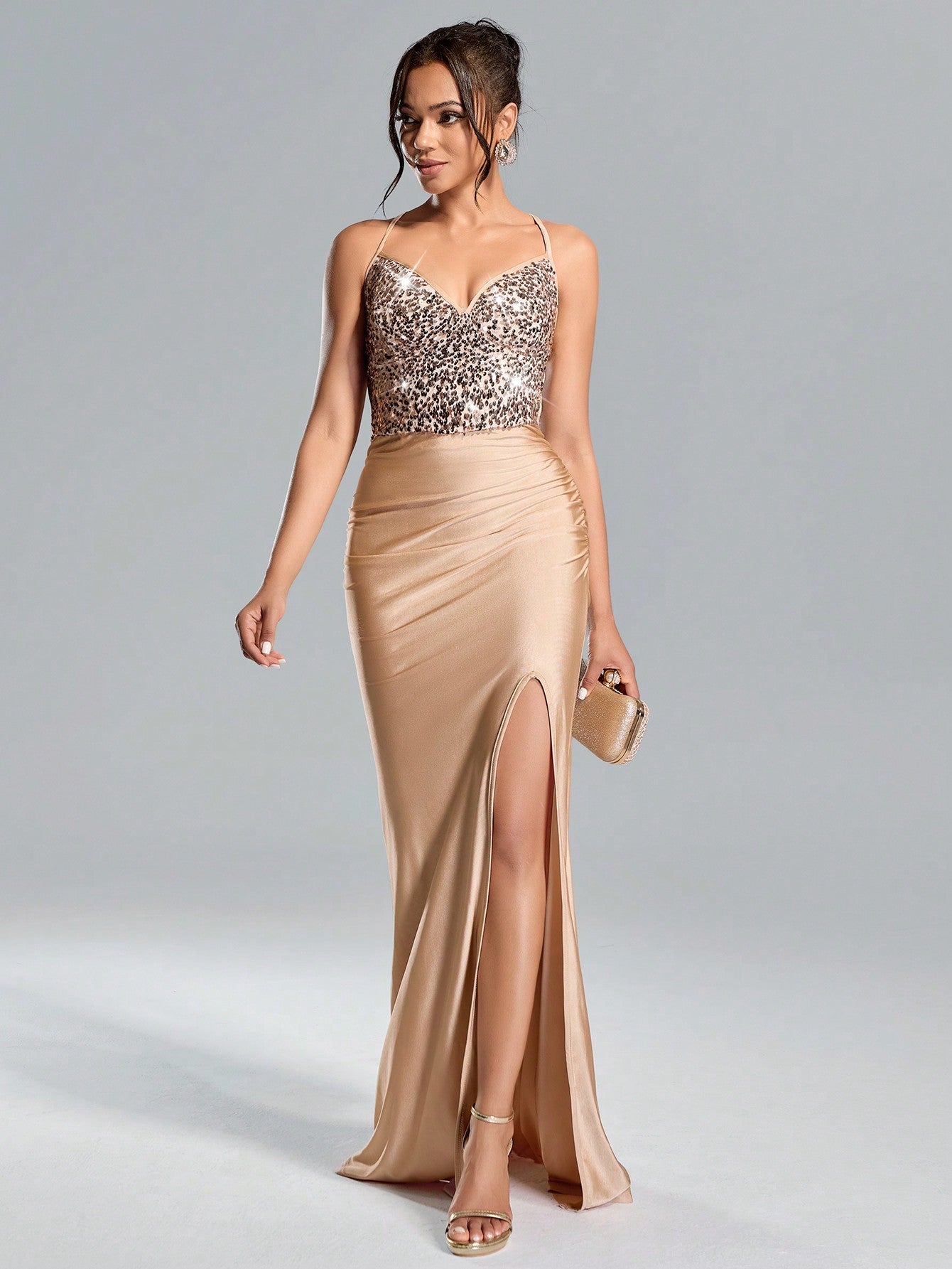 Suspended Backless High Waisted Sequin Patchwork High Slit Long Skirt Dress