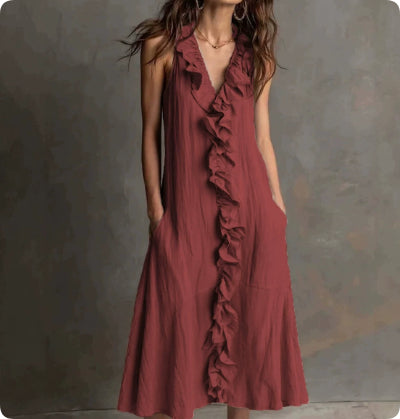 Cotton-Linen V-Neck Maxi Dress