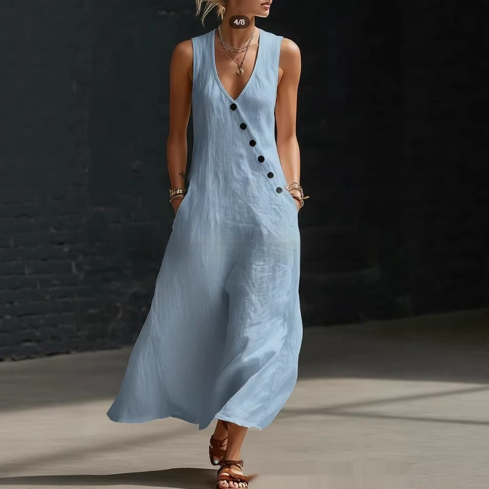 Solid-Color Buttoned Tank Dress