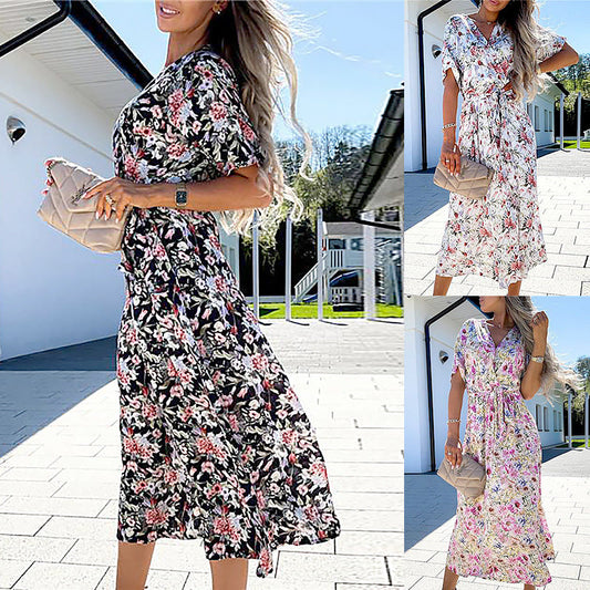 Printed Waistband And Big Hem Midi Dress