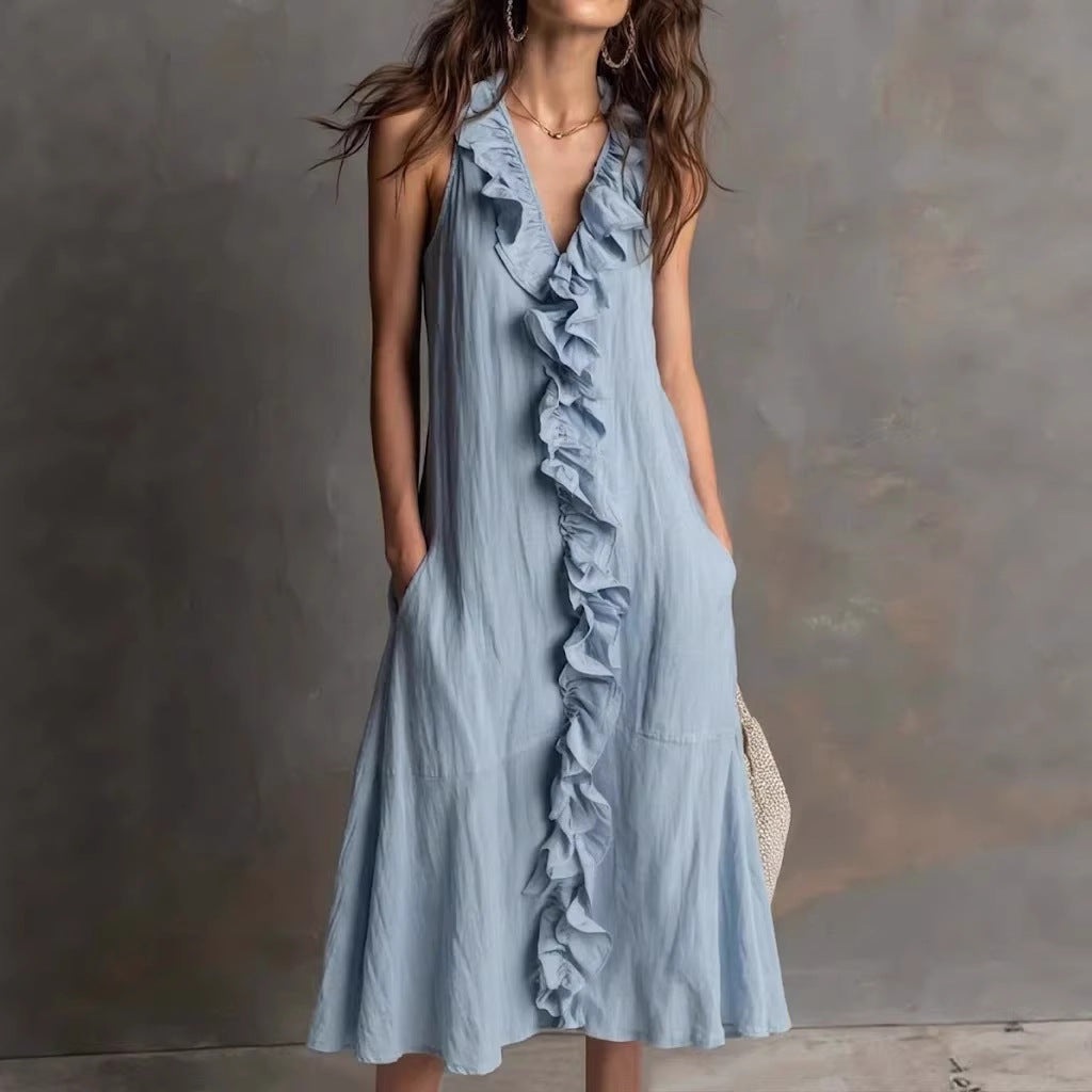 Cotton-Linen V-Neck Maxi Dress