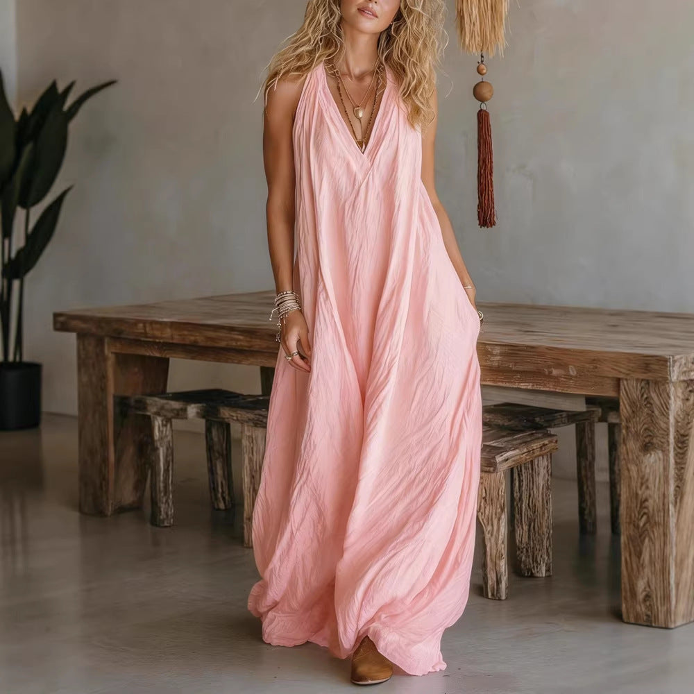 Vest V-neck Long Dress With Front Pockets